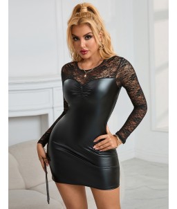 Sextoys, sexshop, loveshop, lingerie sexy : Lingerie sexy grande taille : Robe sexy noire vinyle et dentelle XXXL